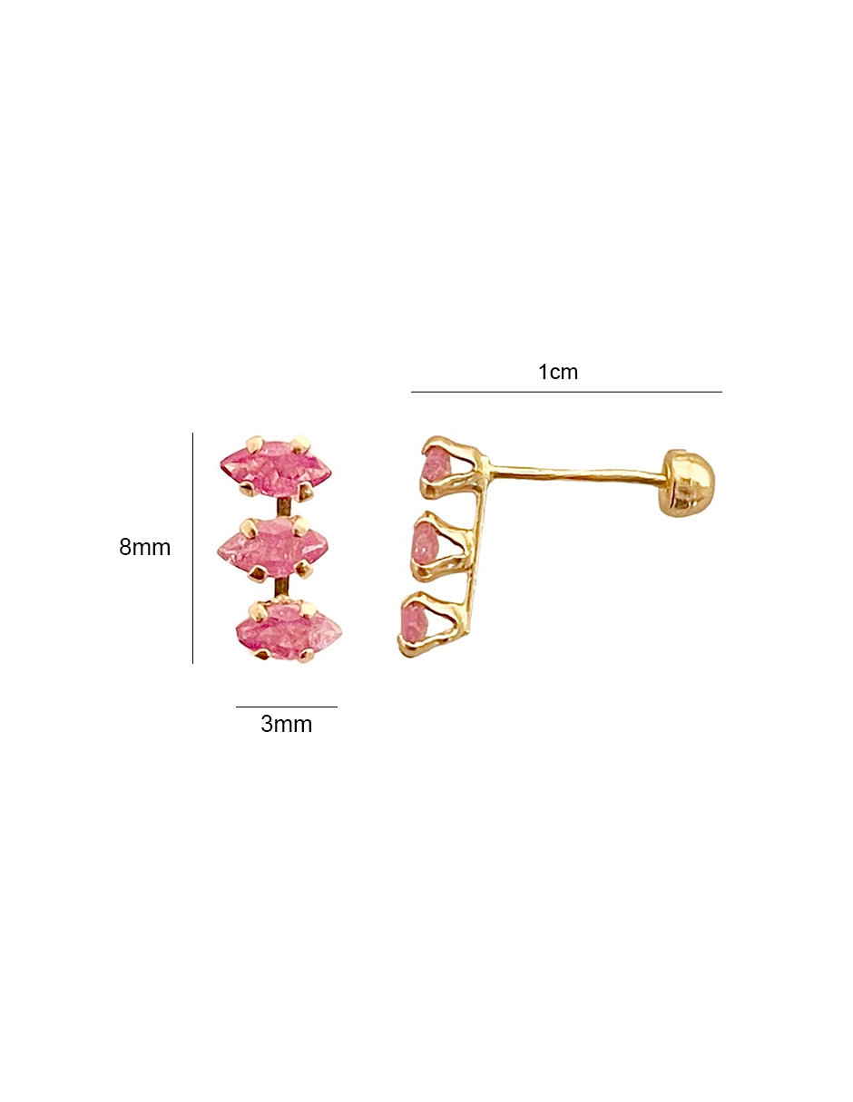 Broquel 3 Zirconias Rosas en Oro de 10k