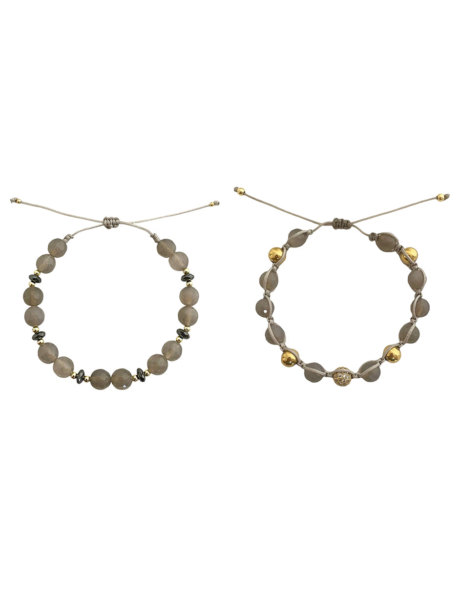 Duo de Pulseras dde Agata Gris con Chapa de oro de 14k